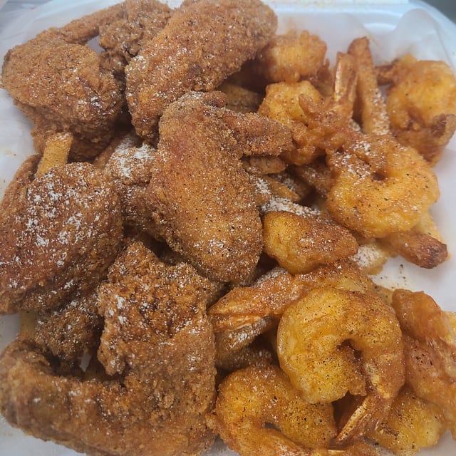 5 Whole Wings, 10 Large Shrimp with French Fries & Pop.