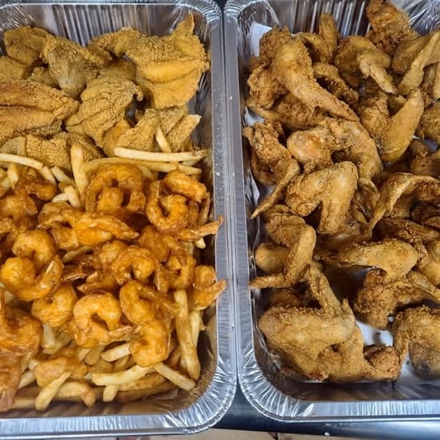 10 Pieces Fish, 20 Whole Wings, 20 Large Shrimp, Large Fries & Pop.