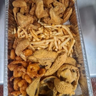 10 Pieces Fish, 10 Whole Wings, 10 Large Shrimp, Large Fries & Pop